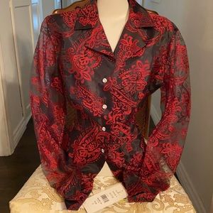 NEW MSK Red Black Paisley blouse HOLIDAY CHRISTMAS XMAS BURNOUT VELVET BROCADE